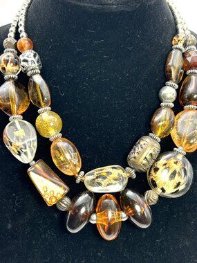 Double Strand Leopard Print Chunky Amber Tone Statement Bold Bib Necklace